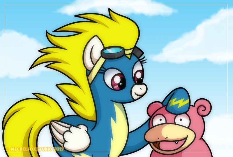 Size: 3421x2299 | Tagged: safe, artist:meckelfoxstudio, derpibooru import, surprise, pony, slowpoke (pokémon), newbie dash, clothes, namesake, pokémon, uniform, wonderbolts uniform