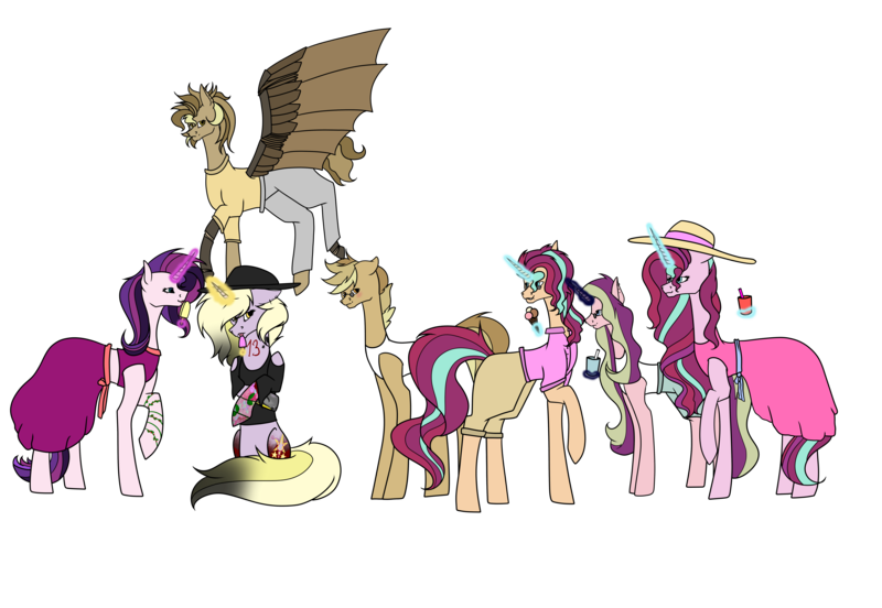 Size: 8220x5669 | Tagged: safe, artist:icey-wicey-1517, artist:moonlight0shadow0, color edit, derpibooru import, edit, dinky hooves, oc, oc:clockwork (ice1517), oc:dawn light (ice1517), oc:dusk fire (ice1517), oc:evening glitter, oc:shadow shine, oc:tinker (ice1517), cyborg, earth pony, pegasus, pony, unicorn, icey-verse, absurd resolution, amputee, artificial wings, augmented, blushing, brother and sister, clothes, collaboration, colored, crossed arms, cup, dress, drink, ear piercing, earring, female, flying, food, glasses, glowing horn, hat, horn, ice cream, ice cream cone, implied gay, implied shipping, jewelry, licking, magical lesbian spawn, male, mare, midriff, nose piercing, nose ring, offspring, pants, parent:derpy hooves, parent:doctor whooves, parent:starlight glimmer, parent:sunset shimmer, parents:doctorderpy, parents:shimmerglimmer, piercing, polo shirt, popsicle, prosthetic leg, prosthetic limb, prosthetic wing, prosthetics, raised hoof, raised leg, shirt, shorts, siblings, simple background, sisters, sitting, snake bits, stars, summer, sun hat, sundress, sunglasses, t-shirt, tanktop, tattoo, tongue out, transparent background, twins, wall of tags, wings