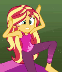 Size: 1000x1152 | Tagged: safe, derpibooru import, screencap, sunset shimmer, equestria girls, equestria girls series, wake up!, spoiler:choose your own ending (season 2), spoiler:eqg series (season 2), animated, barefoot, clothes, cropped, cute, feet, geode of empathy, gif, magical geodes, pants, shaking, shimmerbetes, shivering, wake up!: rainbow dash, yoga pants, yoga pose