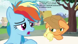 Size: 1280x720 | Tagged: safe, derpibooru import, edit, edited screencap, screencap, applejack, rainbow dash, pony, every little thing she does, applejack's hat, censored vulgarity, cowboy hat, grawlixes, hat, headache, pain star, speech, talking