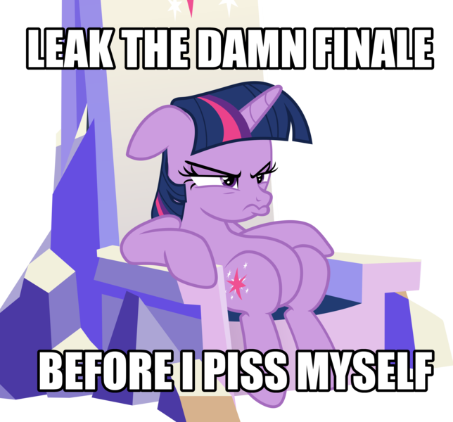 Size: 5312x4950 | Tagged: safe, derpibooru import, edit, twilight sparkle, twilight sparkle (alicorn), alicorn, pony, sparkle's seven, annoyed, be careful what you wish for, caption, end of ponies, female, friendship throne, game of thrones, grumpy, harsher in hindsight, hilarious in hindsight, image macro, it happened, mare, meme, simple background, sitting, solo, text, transparent background, vulgar
