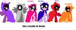 Size: 1620x646 | Tagged: safe, derpibooru import, earth pony, pegasus, pony, unicorn, base used, cloak, clothes, colors of raven, cute, evil, female, happy, lazy, mare, normal, passion, rage, raven (teen titans), teen titans go, timid