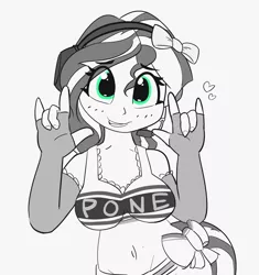 Size: 2714x2883 | Tagged: safe, artist:pabbley, derpibooru import, sunset shimmer, equestria girls, adorasexy, belly button, best pone, bow, bra, breasts, clothes, cute, devil horn (gesture), evening gloves, eye clipping through hair, female, fingerless elbow gloves, fingerless gloves, gloves, hair bow, headphones, heart, hit or miss, long gloves, looking at you, monochrome, neo noir, nico yazawa, panties, partial color, pone, sexy, shimmerbetes, smiling, solo, underwear