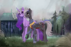 Size: 5400x3600 | Tagged: semi-grimdark, artist:violettacamak, derpibooru import, oc, oc:midnight note, oc:stardust (midnight note), unofficial characters only, pegasus, pony, unicorn, fallout equestria, fanfic, blood, clothes, commission, fanfic art, female, hooves, horn, mare, pipbuck, tree, vault suit, wings