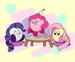 Size: 1700x1400 | Tagged: artist:majupaju, crossover, cupcake, derpibooru import, eating, eyes closed, fluttershy, food, kirby, kirby (character), kirbyfied, kirby fluttershy, kirby pie, kirby rarity, pinkie pie, rarity, safe, sitting, table, trio