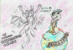 Size: 2559x1763 | Tagged: artist:grimmyweirdy, cosmos (character), derpibooru import, discord, draconequus, notice me senpai, planet, restraining order, safe, shipping denied, space, traditional art