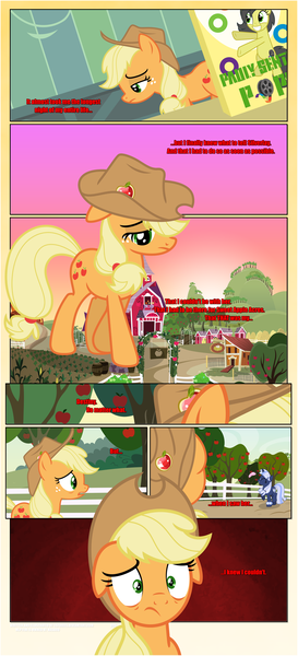 Size: 1919x4225 | Tagged: safe, artist:estories, derpibooru import, applejack, oc, oc:pauly sentry, oc:silverlay, earth pony, pony, unicorn, comic:a(pple)ffection, apple, apple tree, barn, cereal box, chicken coop, comic, corn, cornfield, female, food, hat, mare, sad, sweet apple acres, tree