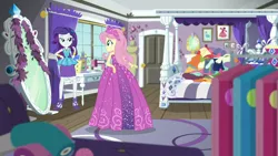 Size: 1920x1080 | Tagged: safe, derpibooru import, screencap, fluttershy, rarity, costume conundrum, equestria girls, equestria girls series, spoiler:choose your own ending (season 2), spoiler:eqg series (season 2), beautiful, bed, clothes, costume, costume conundrum: rarity, dress, geode of shielding, happy, magical geodes, mirror, princess fluttershy, rarity's bedroom, sewing machine, sleeveless, window