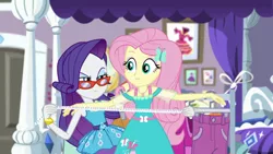 Size: 1912x1080 | Tagged: safe, derpibooru import, screencap, fluttershy, rarity, costume conundrum, equestria girls, equestria girls series, spoiler:choose your own ending (season 2), spoiler:eqg series (season 2), bed, bracelet, clothes rack, costume conundrum: rarity, geode of fauna, jewelry, magical geodes, measuring, measuring tape, rarity's bedroom, rarity's glasses