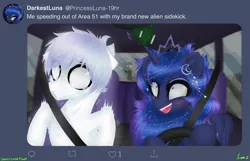 Size: 3500x2250 | Tagged: safe, artist:darkest-lunar-flower, derpibooru import, princess luna, oc, oc:lux, oc:lux(pearle), alien, pony, angry, area 51, car, crying, driving, gun, jewelry, meme, military, regalia, scared, seatbelt, this will not end well, weapon