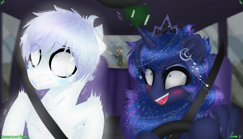 Size: 3500x2000 | Tagged: safe, alternate version, artist:darkest-lunar-flower, derpibooru import, princess luna, oc, oc:lux(pearle), alicorn, alien, pony, area 51, car, crown, crying, driving, gun, jewelry, military, regalia, shook, weapon