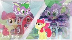 Size: 1920x1078 | Tagged: safe, derpibooru import, edit, apple bloom, spike, dragon, pony, aliasing, applejack's barn, barn, caption, duo, english, female, filly, film grain, flying, looking at each other, looking down, looking up, male, open mouth, school of friendship, shipping, spikebloom, standing, straight, wallpaper, winged spike, wings