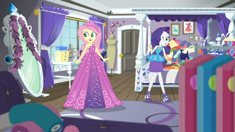 Size: 1600x900 | Tagged: safe, derpibooru import, screencap, fluttershy, rarity, costume conundrum, equestria girls, equestria girls series, spoiler:choose your own ending (season 2), spoiler:eqg series (season 2), beautiful, clothes, clothes hanger, costume conundrum: rarity, cute, dress, geode of shielding, jewelry, magical geodes, mirror, princess fluttershy, rarity's bedroom, shyabetes, sleeveless, tiara