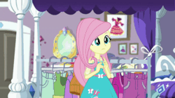 Size: 800x450 | Tagged: safe, derpibooru import, screencap, fluttershy, rarity, costume conundrum, equestria girls, equestria girls series, spoiler:choose your own ending (season 2), spoiler:eqg series (season 2), animated, bed, cloth, clothes, costume conundrum: rarity, gif, glasses, looking at someone, measuring, measuring tape, moving, pillow, rarity's bedroom, squeeze