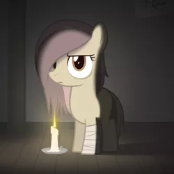 Size: 750x750 | Tagged: safe, artist:modocrisma, derpibooru import, oc, oc:marma, unofficial characters only, earth pony, pony, fanfic:star's diary, alternate universe, au:lbau, bandage, candle, candlelight, dim light, female, filly, frown, looking at you, orphan, orphanage, solo, tired, upset, watermark