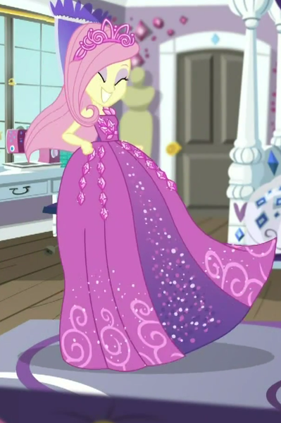 Size: 402x604 | Tagged: safe, derpibooru import, screencap, fluttershy, costume conundrum, equestria girls, equestria girls series, spoiler:choose your own ending (season 2), spoiler:eqg series (season 2), clothes, costume conundrum: rarity, cropped, dress, eyes closed, princess fluttershy, rarity's bedroom, sleeveless, smiling, solo