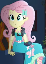 Size: 582x805 | Tagged: safe, derpibooru import, screencap, fluttershy, costume conundrum, equestria girls, equestria girls series, spoiler:choose your own ending (season 2), spoiler:eqg series (season 2), controller, cropped, cute, female, geode of fauna, headphones, headset mic, magical geodes, shyabetes, sitting, solo, sunset's apartment