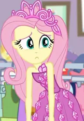 Size: 309x443 | Tagged: safe, derpibooru import, screencap, fluttershy, costume conundrum, equestria girls, equestria girls series, spoiler:choose your own ending (season 2), spoiler:eqg series (season 2), clothes, costume conundrum: rarity, cropped, cute, dress, frown, jewelry, princess fluttershy, rarity's bedroom, seriously, sleeveless, solo, tiara