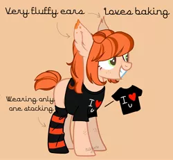 Size: 2500x2300 | Tagged: safe, artist:esgest, derpibooru import, oc, oc:ginger sweets (ice1517), unofficial characters only, earth pony, pony, blank flank, clothes, female, freckles, grin, heart, mare, orange background, shirt, simple background, smiling, socks, solo, stockings, striped socks, t-shirt, thigh highs