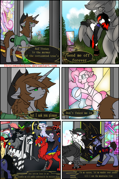 Size: 1563x2344 | Tagged: artist:brainiac, comic:fallout equestria: stained glass, derpibooru import, fallout equestria, fallout equestria: project horizons, fanfic art, oc, oc:blackjack, oc:littlepip, oc:morning glory (project horizons), pinkie pie, princess cadance, safe, song reference, statue, text