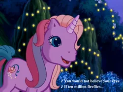 Size: 757x567 | Tagged: come back lily lightly, cute, derpibooru import, edit, edited screencap, fireflies (song), flower, g3, lights, lily cutely, lily lightly, lyrics, owl city, safe, screencap, song reference, text, unicornia