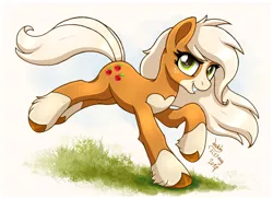 Size: 2200x1600 | Tagged: safe, artist:joakaha, derpibooru import, applejack, earth pony, pony, leak, spoiler:g5, applejack (g5), cloven hooves, female, g5, grass, mare, next generation, signature, solo