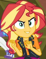 Size: 829x1046 | Tagged: safe, derpibooru import, screencap, sunset shimmer, costume conundrum, equestria girls, equestria girls series, spoiler:eqg series (season 2), cropped, evil grin, geode of empathy, grin, looking at you, magical geodes, sinister, sinister smile, sitting, smiling, solo, sunset's apartment
