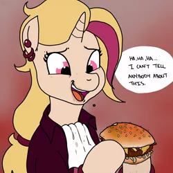 Size: 1800x1800 | Tagged: safe, artist:pony quarantine, derpibooru import, oc, oc:melody bash, unicorn, bacon, bib, borger, bun (food), burger, cheese, ear piercing, earring, food, jewelry, juicy, meat, napkin, onion, piercing, ponies eating meat, speech bubble, text, worried