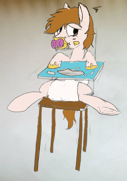 Size: 2268x3229 | Tagged: questionable, artist:l3lackout, derpibooru import, edit, oc, oc:white shield, pony, diaper, diaper fetish, drool, fetish, frog (hoof), highchair, male, messy, pacifier, solo, stallion, underhoof