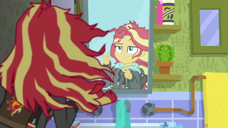 Size: 1280x720 | Tagged: safe, derpibooru import, screencap, sunset shimmer, eqg summertime shorts, equestria girls, monday blues, backpack, clothes, female, messy hair, mirror, sunset's apartment