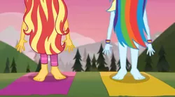 Size: 480x265 | Tagged: safe, derpibooru import, screencap, rainbow dash, sunset shimmer, equestria girls, equestria girls series, wake up!, spoiler:eqg series (season 2), barefoot, feet, wake up!: rainbow dash