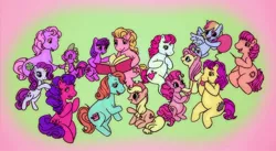 Size: 1874x1025 | Tagged: applejack, artist:sukeile, bon bon (g1), bright eyes, clover (g1), crossover, derpibooru import, fluttershy, g1, mane seven, mane six, melody, my little pony tales, patch (g1), pinkie pie, rainbow dash, rarity, safe, spike, starlight (g1), sweetheart, twilight sparkle