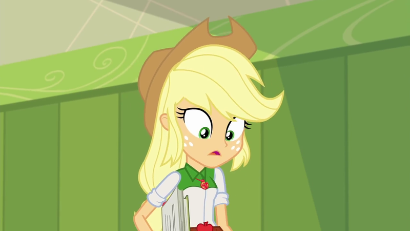 Size: 1280x720 | Tagged: safe, derpibooru import, screencap, applejack, eqg summertime shorts, equestria girls, monday blues, applejack's hat, clothes, cowboy hat, female, geode of super strength, hat, lockers, looking down, magical geodes