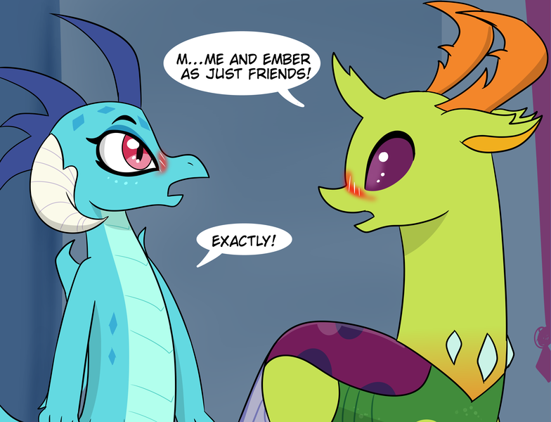 Size: 3340x2556 | Tagged: safe, artist:chedx, derpibooru import, princess ember, thorax, changedling, changeling, dragon, comic:griffonstone's new ambassador, blushing, dragoness, embrax, female, grammar error, king thorax, male, shipping, shocked, straight