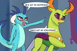 Size: 3677x2441 | Tagged: safe, artist:chedx, derpibooru import, princess ember, thorax, changedling, changeling, dragon, comic:griffonstone's new ambassador, blushing, denial, dragoness, embrax, female, king thorax, male, protesting, shipping, straight, tsundere