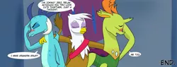 Size: 6677x2549 | Tagged: safe, artist:chedx, derpibooru import, gilda, princess ember, thorax, changedling, changeling, dragon, gryphon, comic:griffonstone's new ambassador, angry, blushing, dragoness, embarrassed, female, king thorax, smiling