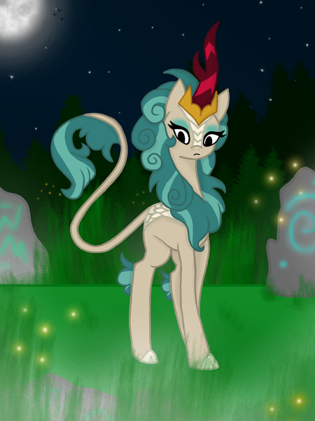 Size: 1080x1440 | Tagged: safe, artist:breeze the peryton, derpibooru import, rain shine, firefly (insect), insect, kirin, pony, art, fog, forest, grass, magic, moon, nature, night, shading, stars