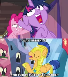 Size: 1280x1440 | Tagged: safe, derpibooru import, edit, edited screencap, screencap, flash sentry, pinkie pie, twilight sparkle, twilight sparkle (alicorn), alicorn, pegasus, pony, a trivial pursuit, twilight's kingdom, armor, caption, deadpan snarker, female, floppy ears, hoof shoes, majestic as fuck, male, mare, messy mane, royal guard, stallion, the future ruler of equestria, twilight snapple, twilighting, twilynanas, wings