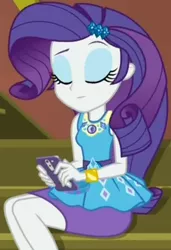 Size: 692x1011 | Tagged: safe, derpibooru import, screencap, rarity, costume conundrum, equestria girls, equestria girls series, spoiler:eqg series (season 2), cropped, eyes closed, geode of shielding, guitar, iphone, magical geodes, mobile phone, musical instrument, phone, raised eyebrow, sitting, smartphone, solo, stairs, sunset's apartment