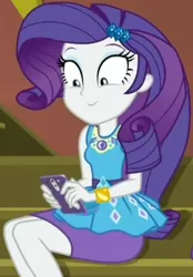 Size: 712x1024 | Tagged: safe, derpibooru import, screencap, rarity, costume conundrum, equestria girls, equestria girls series, spoiler:eqg series (season 2), clothes, cropped, female, geode of shielding, guitar, iphone, magical geodes, mobile phone, musical instrument, pencil skirt, phone, raised eyebrows, skirt, smartphone, smiling, solo, stairs, sunset's apartment, text, wide eyes