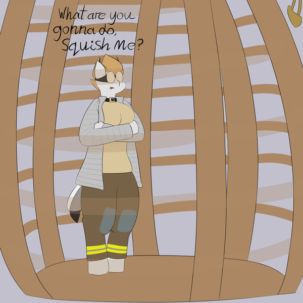 Size: 2500x2500 | Tagged: anthro, artist:lupin quill, breezie, breezie oc, cage, captured, clothes, collar, crossed arms, derpibooru import, dialogue, feed bag, goggles, oc, oc:tessidae, open mouth, safe, series:breezie in a cage (weight gain), tail, this will end in weight gain, unguligrade anthro, unofficial characters only, weight gain, weight gain sequence, wings