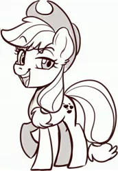 Size: 2227x3238 | Tagged: safe, artist:annakitsun3, derpibooru import, applejack, earth pony, pony, applejack's hat, cowboy hat, female, hat, lineart, mare, monochrome, open mouth, raised eyebrow, raised hoof, simple background, smiling, smug, solo, white background