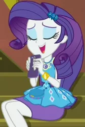 Size: 697x1040 | Tagged: safe, derpibooru import, screencap, rarity, costume conundrum, equestria girls, equestria girls series, spoiler:eqg series (season 2), clothes, cropped, eyes closed, female, geode of shielding, guitar, iphone, leaning forward, magical geodes, mobile phone, musical instrument, pencil skirt, phone, sitting, skirt, smartphone, smiling, solo, stairs, sunset's apartment, text