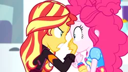 Size: 1916x1080 | Tagged: safe, derpibooru import, screencap, pinkie pie, sunset shimmer, equestria girls, equestria girls series, sunset's backstage pass!, spoiler:eqg series (season 2), angry, duo, duo female, female, geode of empathy, geode of sugar bombs, hand over mouth, looking at each other, magical geodes, shrunken pupils