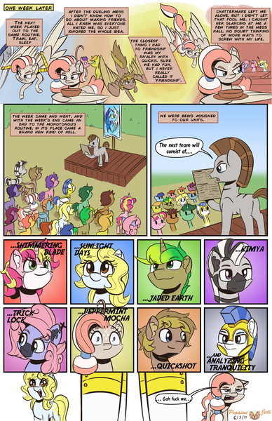 Size: 1989x3072 | Tagged: safe, artist:floofyfoxcomics, derpibooru import, oc, oc:analyzing tranquility, oc:jaded earth, oc:kimya, oc:peppermint mocha (pegasusjedi), oc:quickshot, oc:sarge, oc:shimmering blade, oc:sunlight days, oc:trick lock, pegasus, pony, zebra, comic:a dash of peppermint, comic, female, mare, vulgar, wingblade, zebra oc