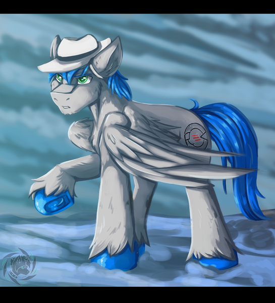 Size: 2000x2200 | Tagged: safe, artist:fkk, derpibooru import, oc, oc:record melodie, unofficial characters only, pegasus, pony, chest fluff, colored pupils, ear fluff, fedora, frog (hoof), gift art, hat, male, raised hoof, solo, spread wings, stallion, underhoof, unshorn fetlocks, wings