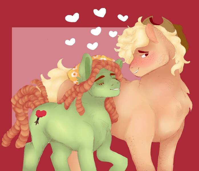 Size: 964x829 | Tagged: safe, artist:bewarethemusicman, derpibooru import, applejack, tree hugger, earth pony, pony, alternate hairstyle, applehugger, applejack's hat, bandana, blushing, chest fluff, cowboy hat, cute, eyes closed, female, freckles, hat, heart, jackabetes, lesbian, mare, raised hoof, redesign, shipping, treeabetes