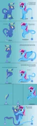 Size: 4096x13824 | Tagged: safe, artist:parclytaxel, derpibooru import, oc, oc:nova spark, oc:parcly taxel, unofficial characters only, alicorn, genie, genie pony, monster pony, original species, pony, tatzlpony, unicorn, ain't never had friends like us, albumin flask, .svg available, absurd resolution, alicorn oc, art trade, blushing, comic, eyes closed, fangs, female, geniefied, glasses, gradient background, horn, horn ring, hug, magic, mare, massage, monster mare, raised hoof, ring, rubbing, shaking, smiling, spread wings, vector, wings