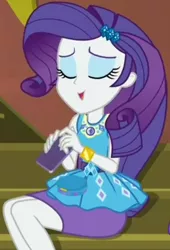 Size: 712x1044 | Tagged: safe, derpibooru import, screencap, rarity, costume conundrum, equestria girls, equestria girls series, spoiler:eqg series (season 2), clothes, cropped, eyes closed, female, geode of shielding, guitar, iphone, magical geodes, mobile phone, musical instrument, pencil skirt, phone, sitting, skirt, smartphone, smiling, solo, stairs, sunset's apartment