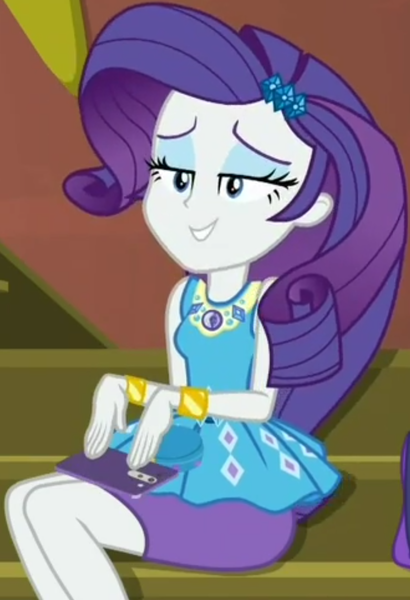 Size: 732x1071 | Tagged: safe, derpibooru import, screencap, rarity, costume conundrum, equestria girls, equestria girls series, spoiler:choose your own ending (season 2), spoiler:eqg series (season 2), clothes, cropped, female, geode of shielding, guitar, lidded eyes, magical geodes, musical instrument, pencil skirt, sitting, skirt, smiling, solo, stairs, sunset's apartment